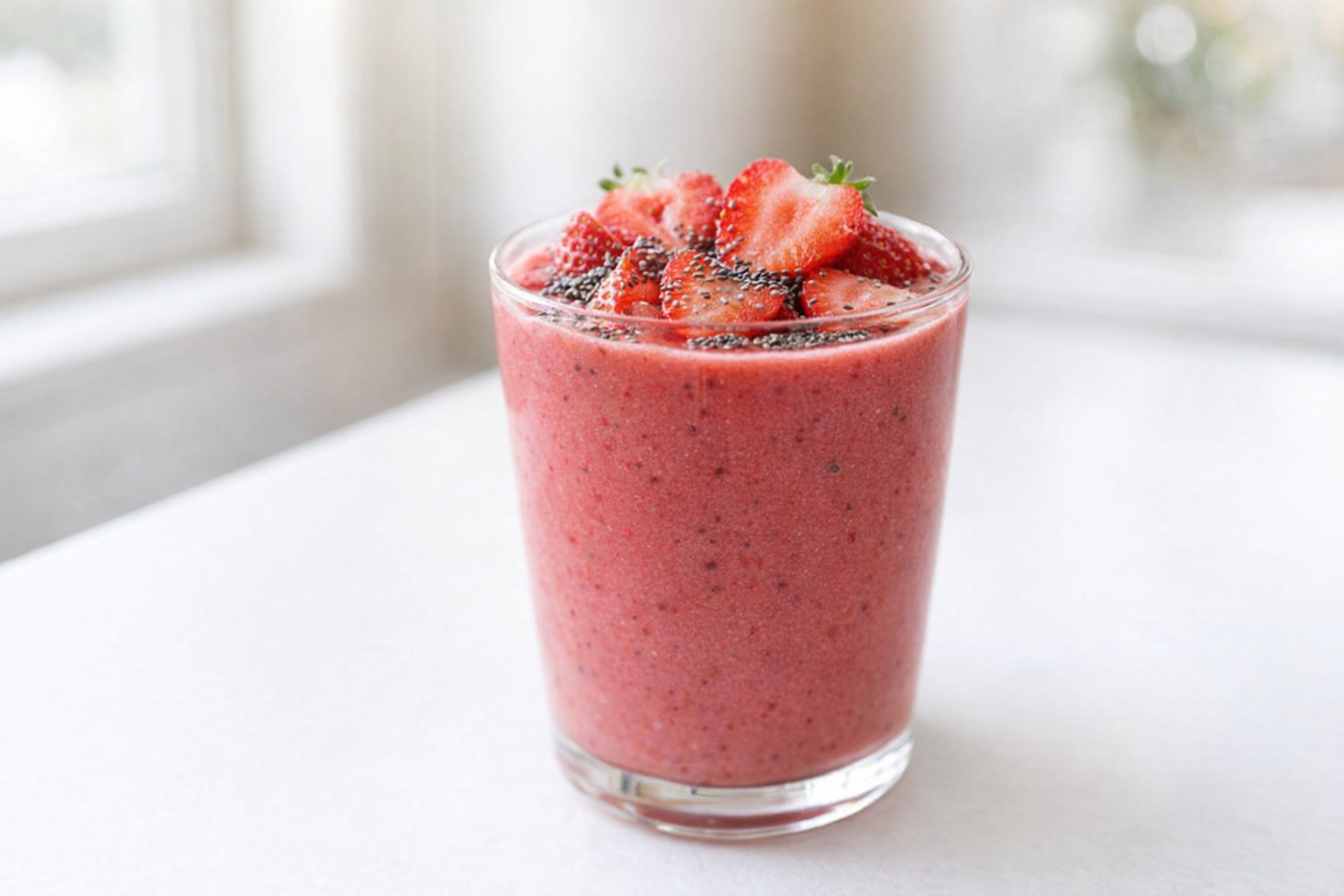 A vibrant breakfast smoothie in a glass, topped with fresh strawberries and chia seeds, bright morning light, clean white background